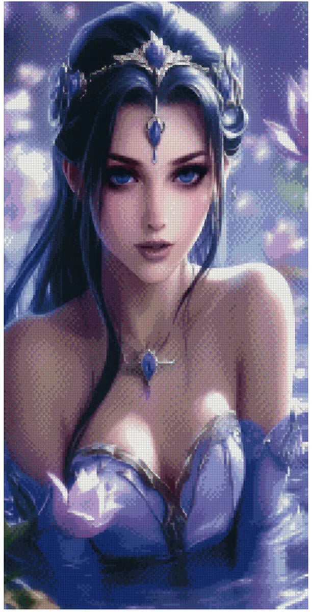 Diamond painting template – a beautiful fantasy character with deep blue eyes, violet-shimmering jewelry, and a magical watery environment.