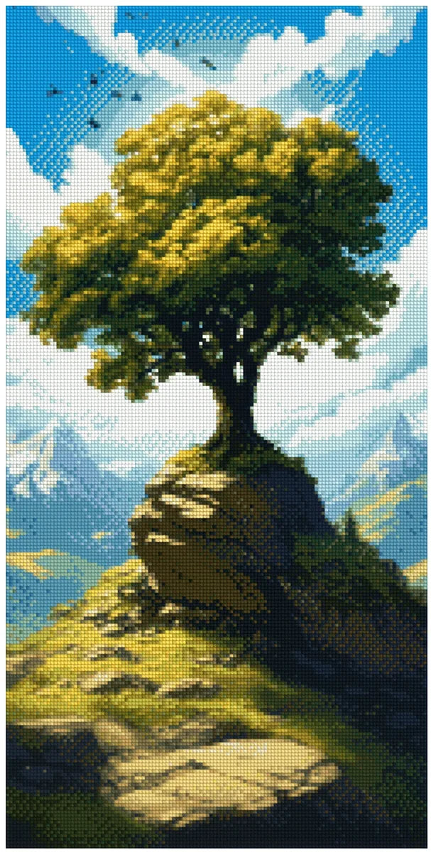 Diamond painting reference image – a solitary tree on a rugged cliff, bright blue sky, and a picturesque mountain landscape.