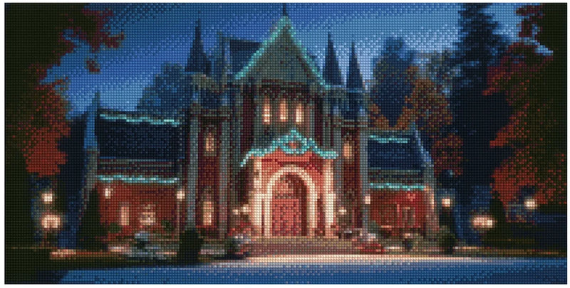 Diamond painting model image – decorative manor building, warm orange glow of windows and blue twilight sky surrounded by trees.