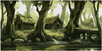 Thumbnail for Diamond painting template – old cottages in the middle of a deep green forest, moss-covered roofs, and a flowing river in the foreground.