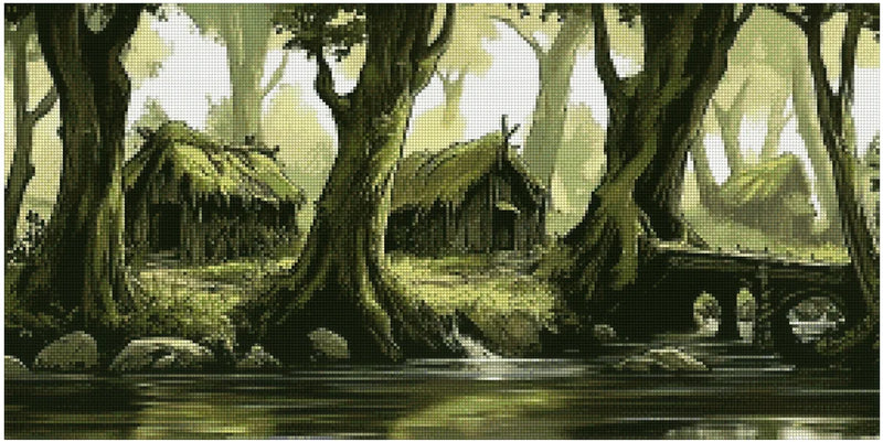 Diamond painting template – old cottages in the middle of a deep green forest, moss-covered roofs, and a flowing river in the foreground.