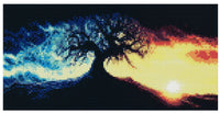 Thumbnail for Diamond painting model image – a blue ice wave and a glowing fire mass meet, a strong contrast between the color worlds of cold and hot with a dark tree in the center.
