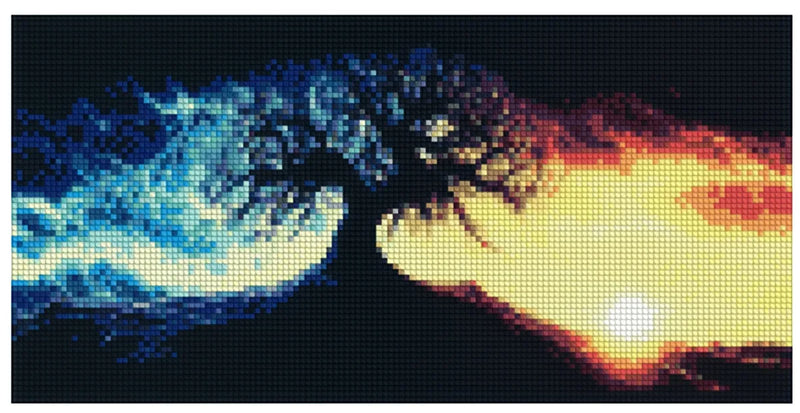 Diamond painting model image – a blue ice wave and a glowing fire mass meet, a strong contrast between the color worlds of cold and hot with a dark tree in the center.