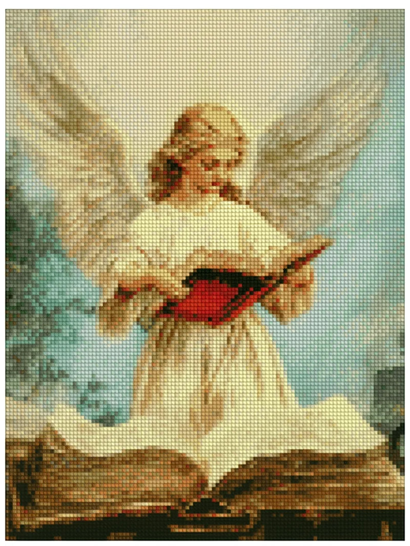 Diamond painting template – a gentle angel with large wings, antique books, and a light celestial backlight.