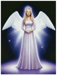 Thumbnail for Timanttimaalaus mallikuva – lempeä, pitkähelmainen enkeli hohtavissa valkoisissa siivissä, violetti valokehä taustalla ja rauhallinen, henkinen tunnelma.