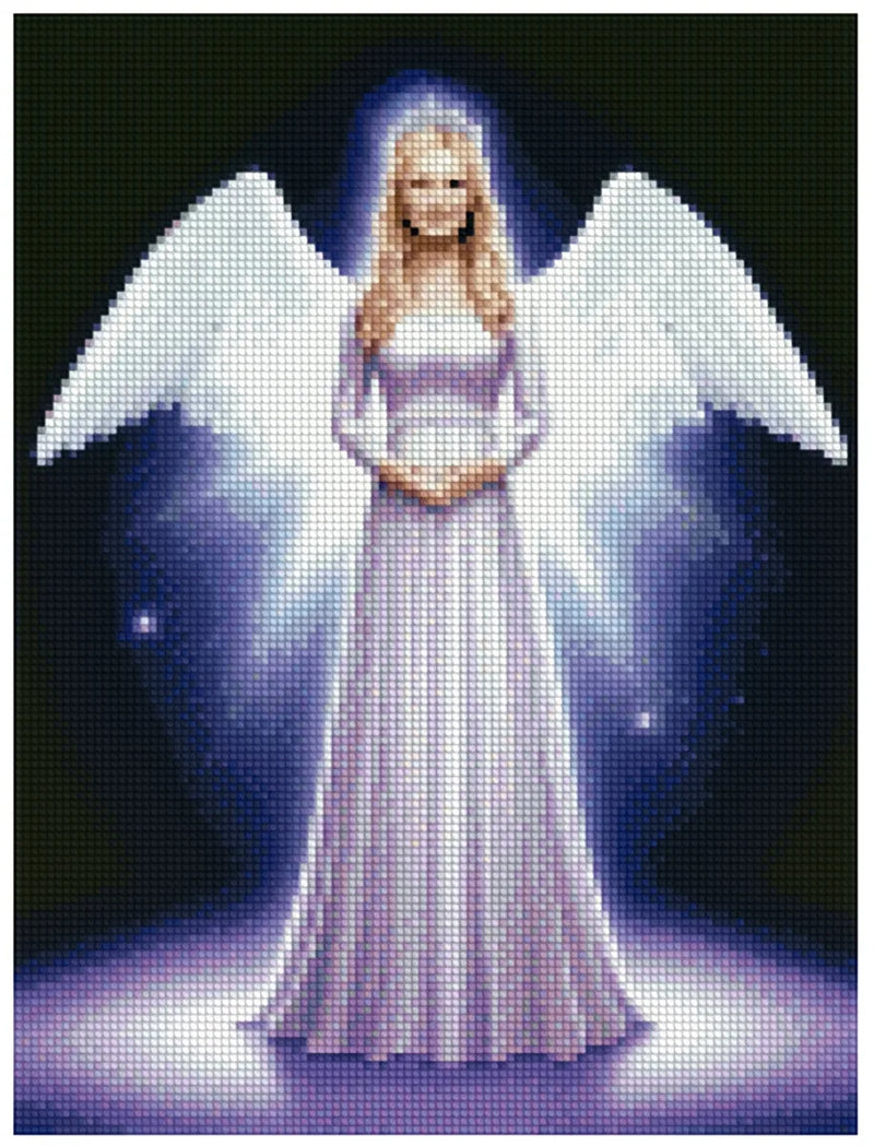 Diamond painting model image – a gentle, long-gowned angel with glowing white wings, a purple halo in the background, and a calm, spiritual atmosphere.