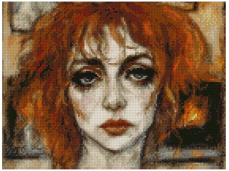 Diamond painting model image – expressive woman's face, rugged reddish-brown hair, dark eyes, and a strong emotional color scheme.