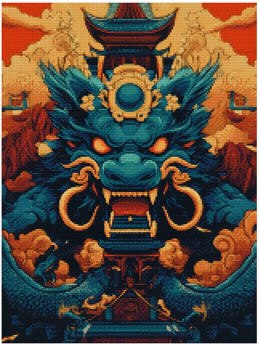 Timanttimaalaus mallikuva – massiivinen sininen lohikäärme kultakoristeineen, tuliset oranssit taustapilvet ja mystinen temppeliarkkitehtuuri.