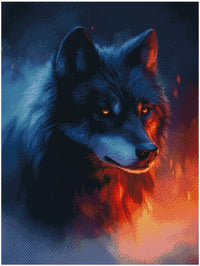 Thumbnail for Diamond painting model image - a bluish wolf looking towards, with glowing orange fire in the background and a strong contrast between cold and warm.