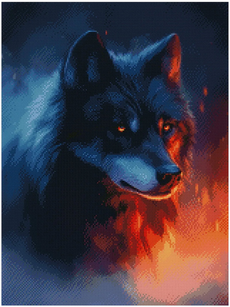 Diamond painting model image - a bluish wolf looking towards, with glowing orange fire in the background and a strong contrast between cold and warm.