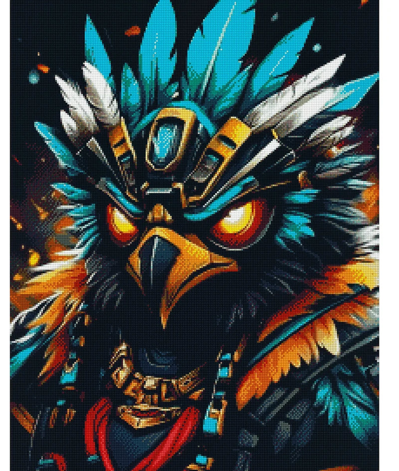 Diamond painting template – futuristic eagle's head with blue and orange feathers and metallic details glowing against a dark background.
