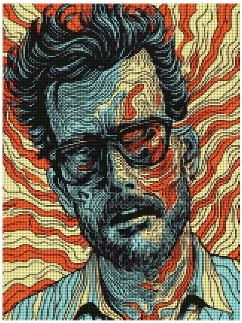 Diamond painting model image - cartoon-like male portrait, wavy red and bluish lines in the background, and a strong graphic style.