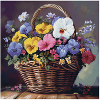 Thumbnail for Diamond painting pattern image – a woven basket full of colorful pansies and summer flowers, a warm rustic atmosphere, and soft lighting.
