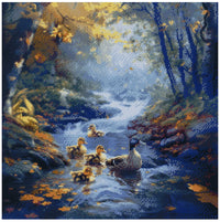 Thumbnail for Diamond painting pattern image – a blue-toned forest stream, yellowish sunlight, and swimming ducklings in the peaceful autumn atmosphere of nature.