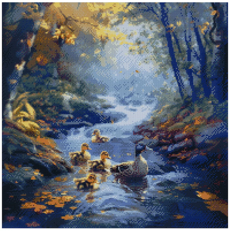 Diamond painting pattern image – a blue-toned forest stream, yellowish sunlight, and swimming ducklings in the peaceful autumn atmosphere of nature.