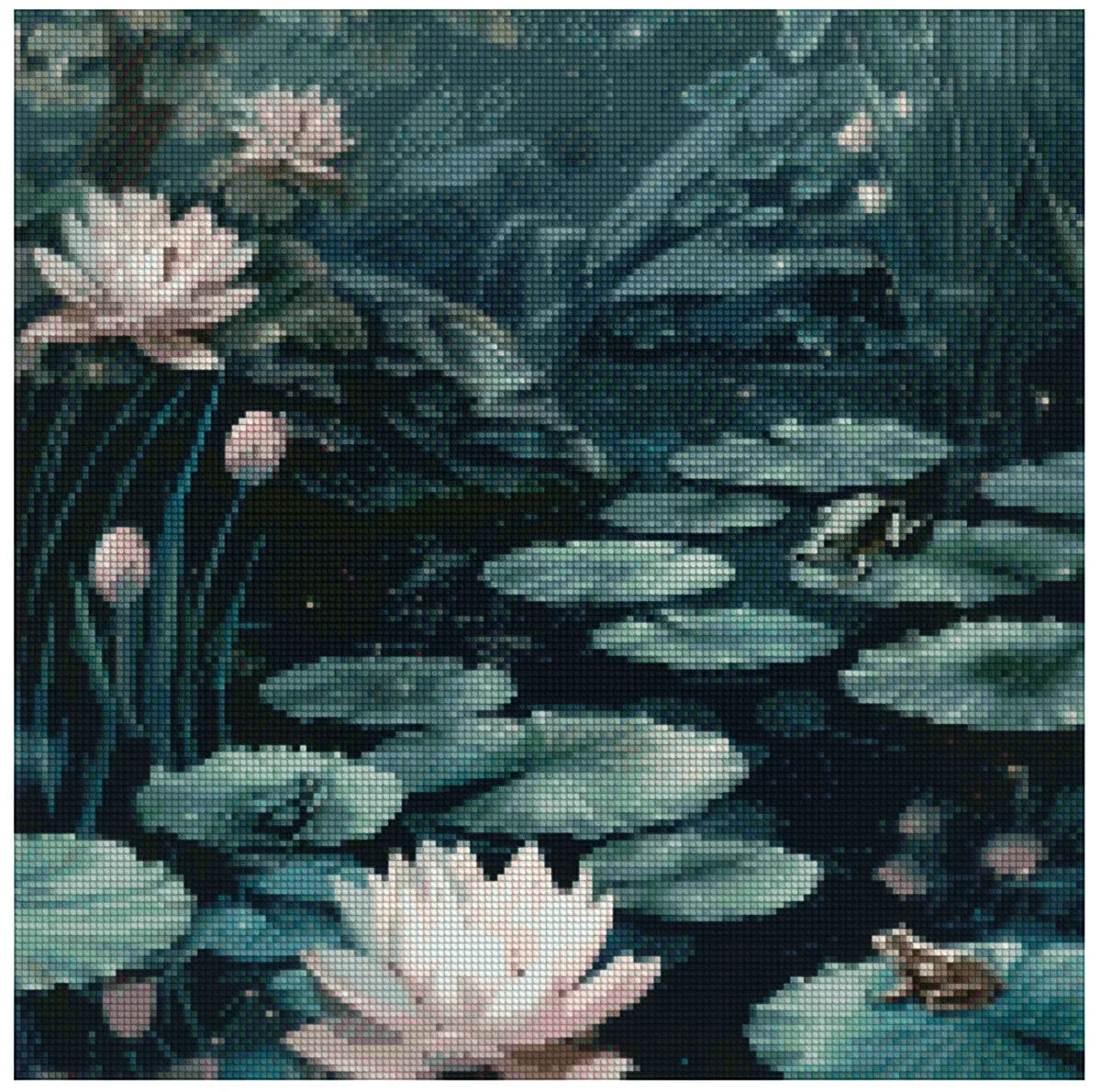 Diamond painting template image – a dark-toned pond, pink water lilies, and a couple of small frogs on the leaves in the misty night light.