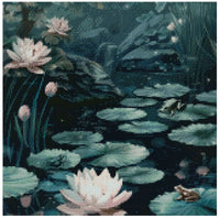 Thumbnail for Diamond painting template image – a dark-toned pond, pink water lilies, and a couple of small frogs on the leaves in the misty night light.