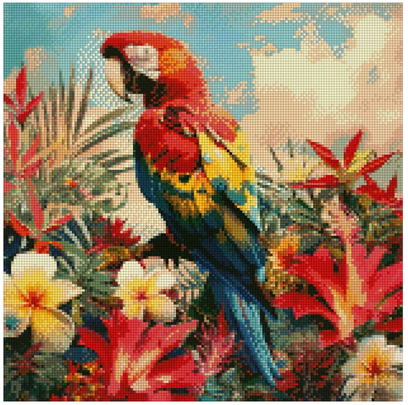 Diamond painting pattern image – colorful macaw in a tropical sea of flowers, bright red and yellow hues, and a sunny background.