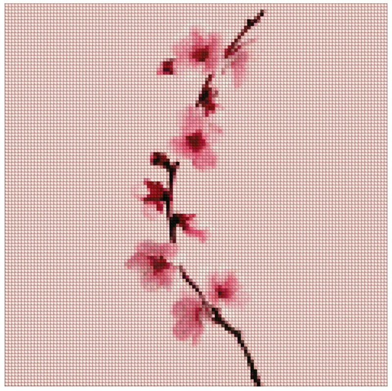 Diamond painting model image – a minimalist branch with delicate pink blossoms on a soft monochrome background.