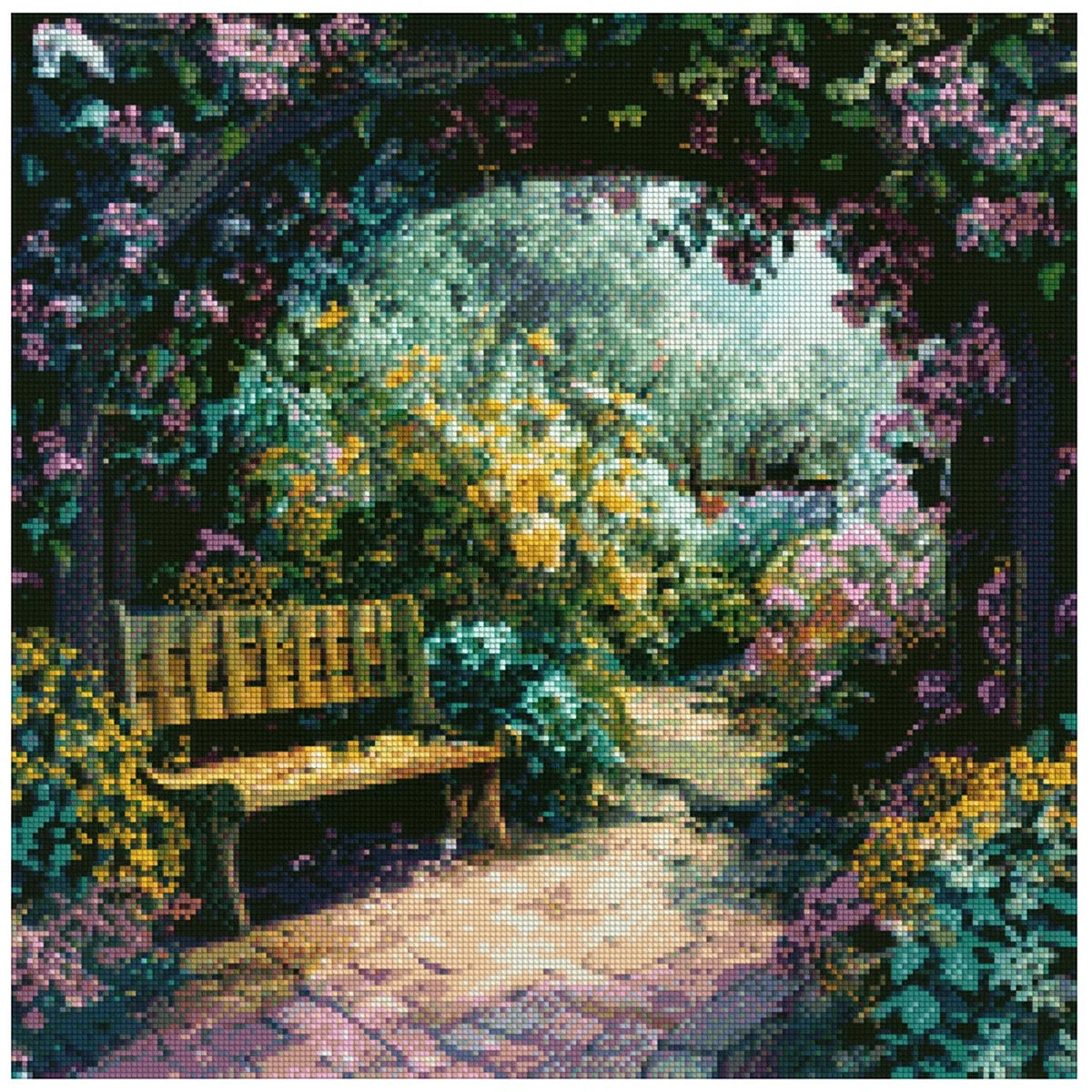 Diamond painting pattern – a romantic garden path, a lush arch full of flowers, and an old wooden bench in a peaceful oasis.