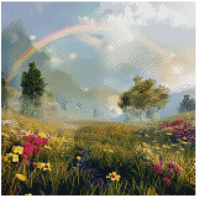 Diamond painting pattern image – a colorful rainbow in the blue sky, a blooming meadow in the foreground, and a soft misty landscape on the horizon.
