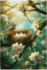 Thumbnail for Diamond painting model image – warm lighting, a small bird on the edge of the nest, white flowers, and a turquoise background mist create a delicate, spring-like atmosphere.