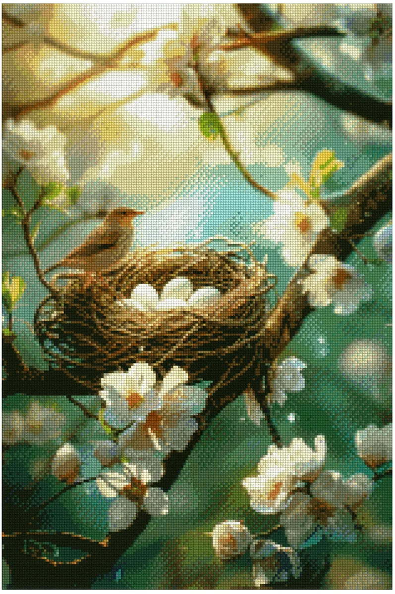Diamond painting model image – warm lighting, a small bird on the edge of the nest, white flowers, and a turquoise background mist create a delicate, spring-like atmosphere.