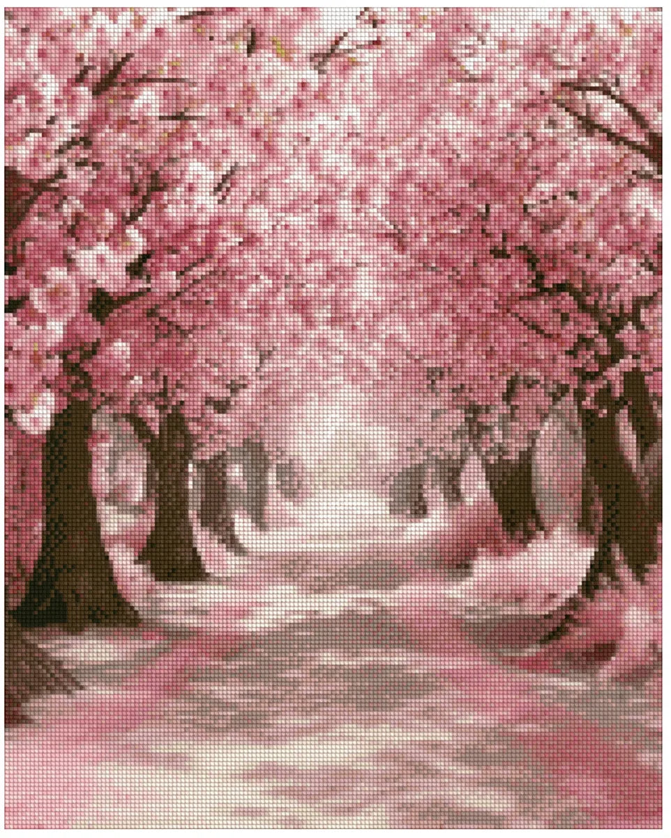 Diamond painting template image – pink cherry blossom trees arch over the path, a carpet of delicate flowers creates a dreamy view.