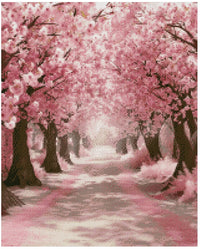 Thumbnail for Diamond painting template image – pink cherry blossom trees arch over the path, a carpet of delicate flowers creates a dreamy view.