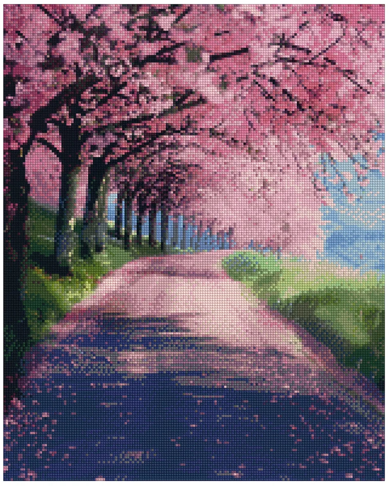 Diamond painting pattern image – deep pink blooming trees in a row, a shady path, and a bright blue sky in the background with a strong spring atmosphere.