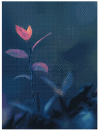 Thumbnail for Diamond painting model image – a solitary pink-toned leaf rising from dark, bluish vegetation, a warm spot of light highlights its shape.
