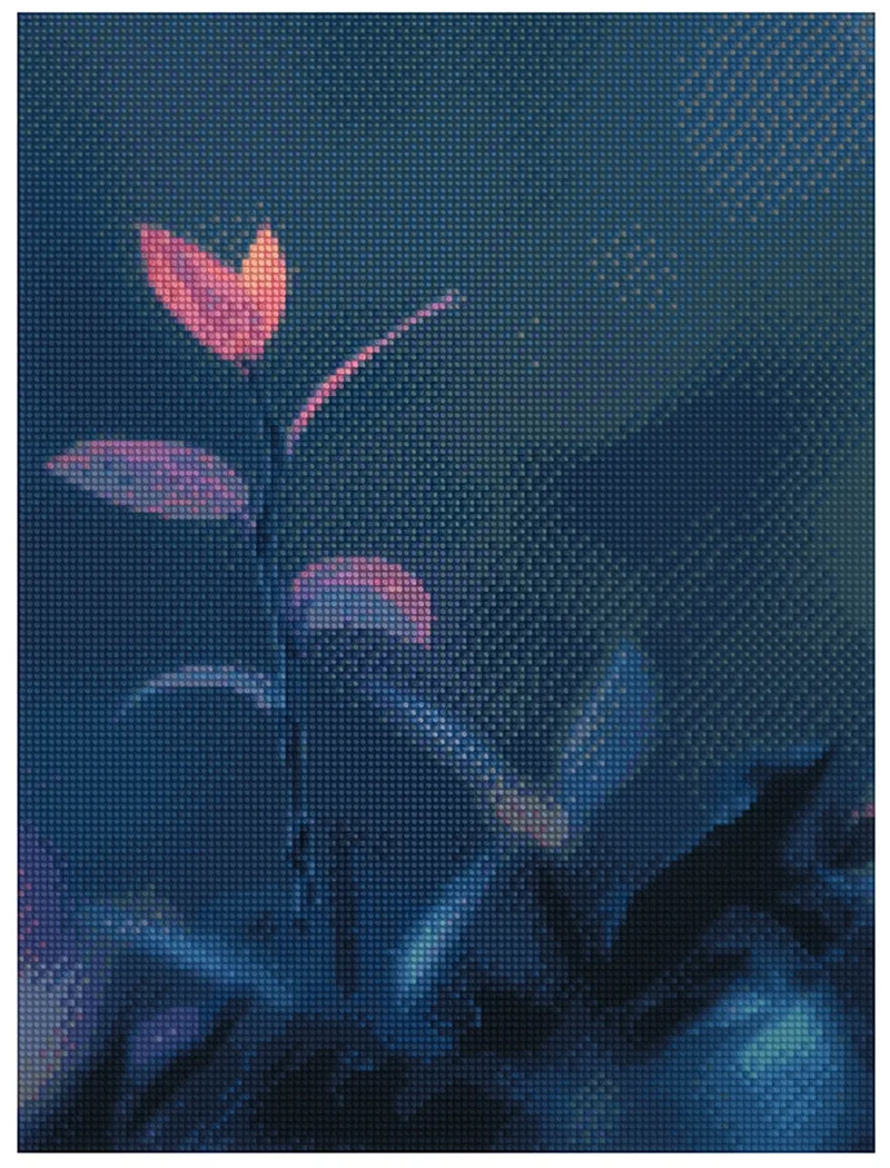 Diamond painting model image – a solitary pink-toned leaf rising from dark, bluish vegetation, a warm spot of light highlights its shape.