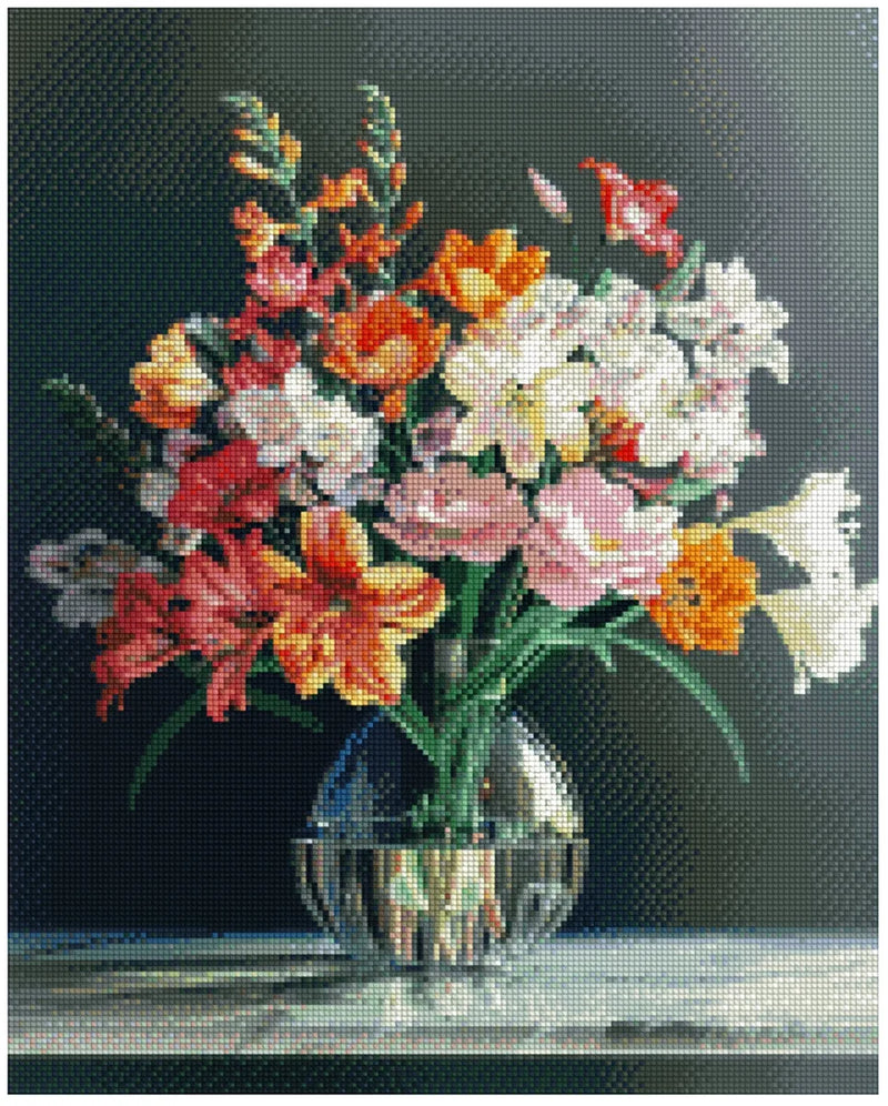 Diamond painting model image – multicolored bouquet (white, orange, red, pink) in a clear glass vase, classic and elegant arrangement.