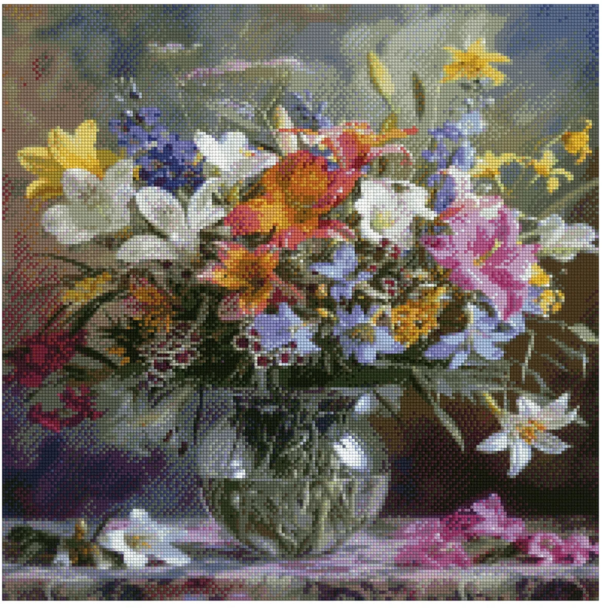 Diamond painting template – a charming mix of white, purple, orange, and yellow flowers, with a soft painterly mist in the background.