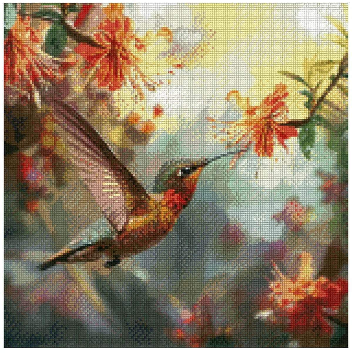 Diamond painting template - a hovering hummingbird near orange flowers, warm yellow light, and a colorful soft background blur.
