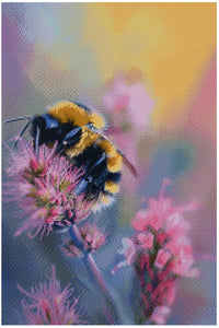 Thumbnail for Diamond painting pattern image - a close-up view of a bumblebee amidst blossoms, with a pastel-like background and a warm, sun-toned color palette.
