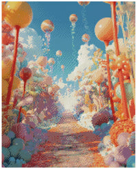 Thumbnail for Diamond painting model image – a surreal, bright landscape with a path leading forward amidst clouds and various coral/mushroom-shaped growths, orange-colored, ball-like objects rise to the sky.