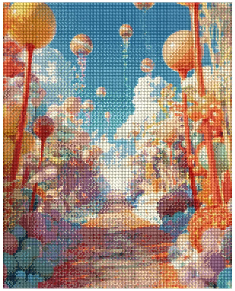 Diamond painting model image – a surreal, bright landscape with a path leading forward amidst clouds and various coral/mushroom-shaped growths, orange-colored, ball-like objects rise to the sky.