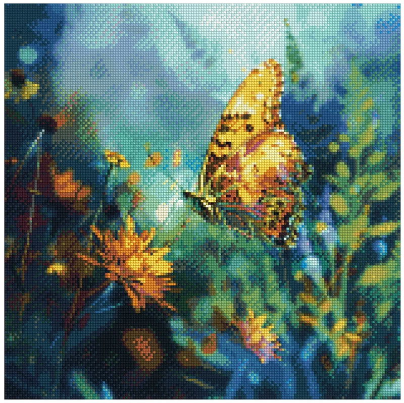 Diamond painting model image – a large butterfly in shades of orange and brown flying among dark turquoise blue and green leaves and yellow flowers, with strong atmospheric lighting.