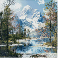 Thumbnail for Diamond painting pattern image – reflective water in a calm lake, bordered by an autumn forest and in the background a majestic, snow-covered mountain under a cloudless sky.