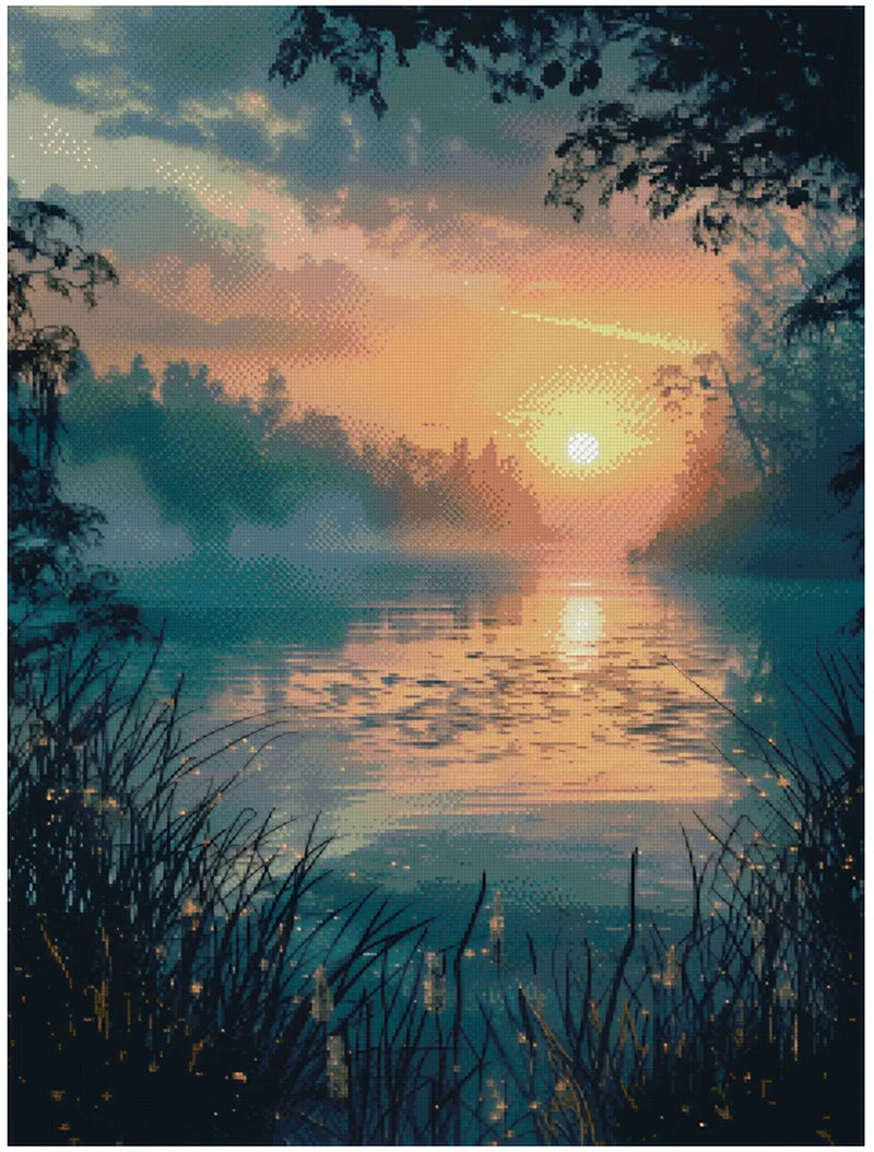 Diamond painting pattern image – a dramatic sunrise or sunset with warm shades of orange and yellow reflecting from a turquoise blue river, with dark grass and mist in the foreground.