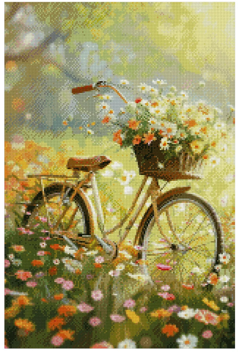 Diamond painting template - an old beige bicycle full of flowers in the front basket, standing on a summer meadow in bright, soft light, with pink and orange colored flowers in the foreground.