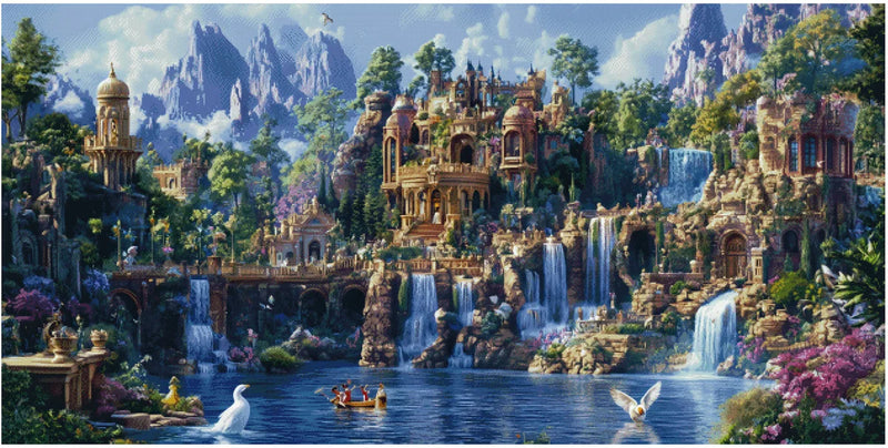 Diamond painting pattern – a vast and detailed fantasy city or castle with multiple levels and waterfalls, situated in the middle of a river and with majestic, purplish mountains in the background.