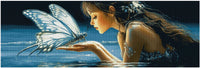 Thumbnail for Diamond painting template image – a dark-haired woman leaning over the water, holding a large, white-silver butterfly in her palm, with a dramatic and dark background.