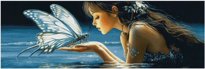 Diamond painting template image – a dark-haired woman leaning over the water, holding a large, white-silver butterfly in her palm, with a dramatic and dark background.