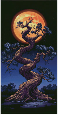Thumbnail for Diamond painting model image – a mythical, dark brown tree with a spiral trunk and branches, in the background a glowing, large orange-red full moon on a dark blue night sky.