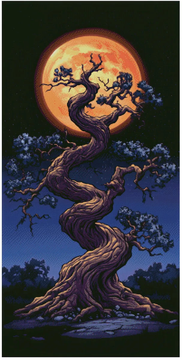 Diamond painting model image – a mythical, dark brown tree with a spiral trunk and branches, in the background a glowing, large orange-red full moon on a dark blue night sky.
