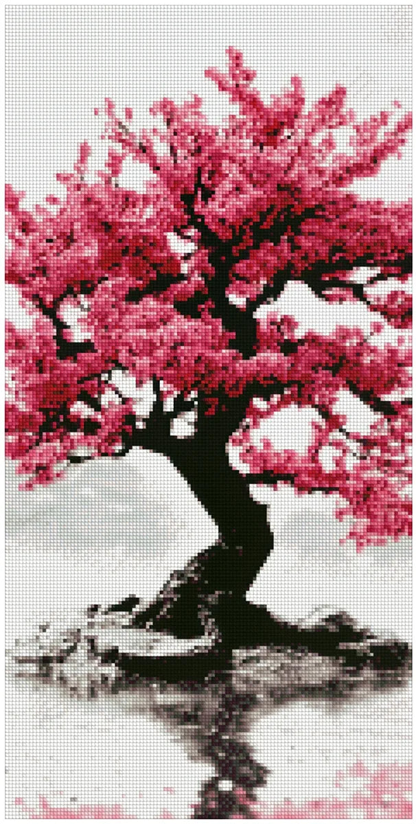 Diamond painting template – a dark-trunked, densely blooming pink cherry tree stands out against a light, misty background, reflection on calm water.