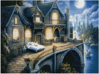 Thumbnail for Diamond painting model picture – a Gothic or fantasy-inspired house with a bed located on a terrace resembling a bridge, with a full moon and a misty city in the background.