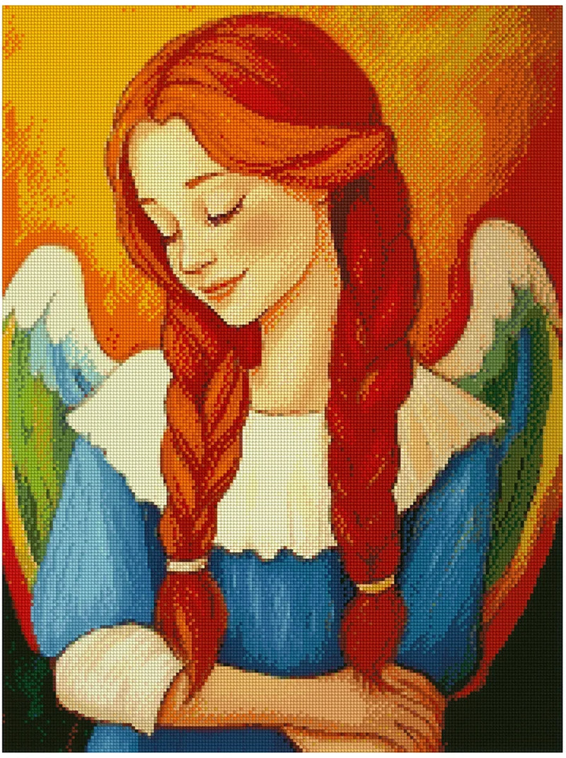 Diamond painting model image – an ethereal, red-haired angel girl in a blue dress with thick braids, whose wings glow in shades of orange, yellow, and green against a warm, glowing background.